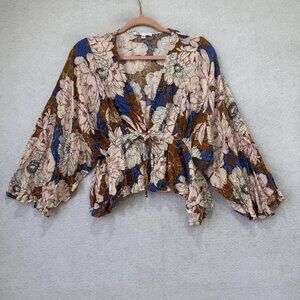 DR2 Blouse Womens Small Brown Floral Kimono Sleeve Cropped V Neck Boho Top